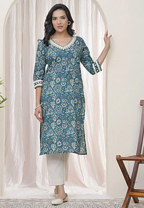 Digital Printed Cotton Straight Kurta in Teal Blue