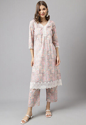 Digital Printed Cotton Straight Kurta Set in Baby Pink