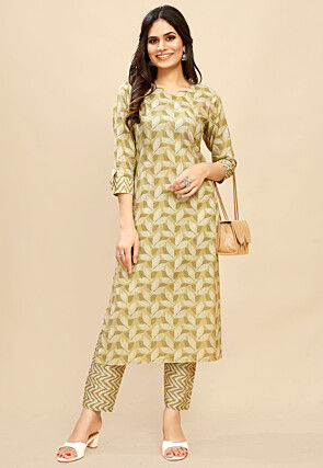 Digital Printed Cotton Straight Kurta Set in Beige