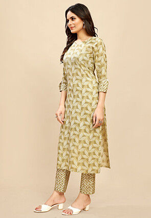 Digital Printed Cotton Straight Kurta Set in Beige