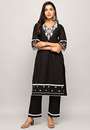 Digital Printed Cotton Straight Kurta Set in Black