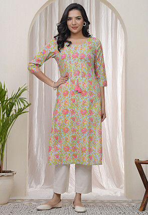 Digital Printed Cotton Straight Kurta Set in Blue