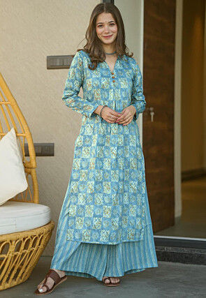Digital Printed Cotton Straight Kurta Set in Blue