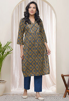 Digital Printed Cotton Straight Kurta Set in Brown