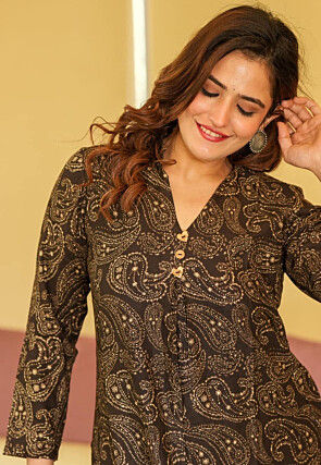 Digital Printed Cotton Straight Kurta Set in Brown