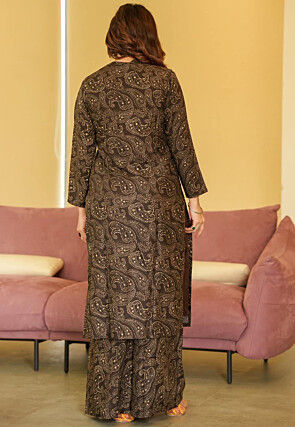 Digital Printed Cotton Straight Kurta Set in Brown