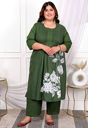 Digital Printed Cotton Straight Kurta Set in Dusty Green