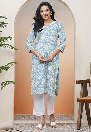 Digital Printed Cotton Straight Kurta Set in Light Blue