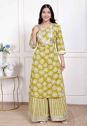Digital Printed Cotton Straight Kurta Set in Light Green