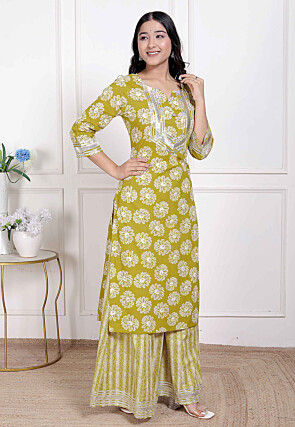 Digital Printed Cotton Straight Kurta Set in Light Green