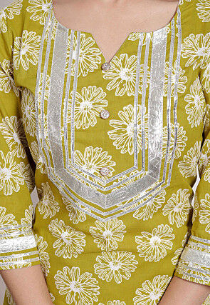 Digital Printed Cotton Straight Kurta Set in Light Green