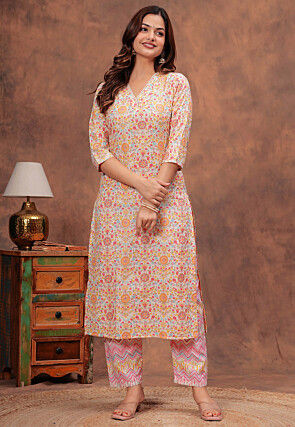 Digital Printed Cotton Straight Kurta Set in Multicolor