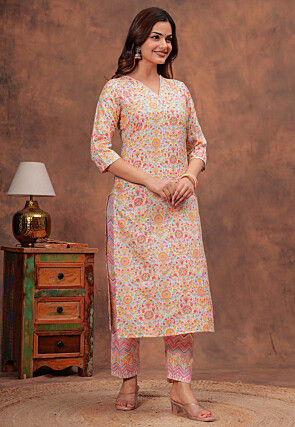 Digital Printed Cotton Straight Kurta Set in Multicolor