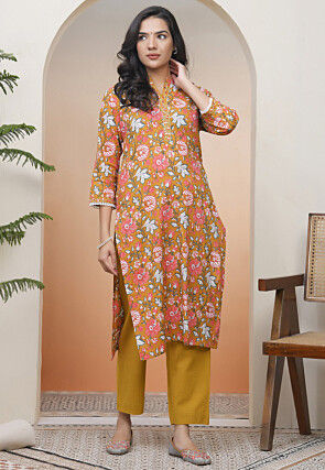Digital Printed Cotton Straight Kurta Set in Mustard