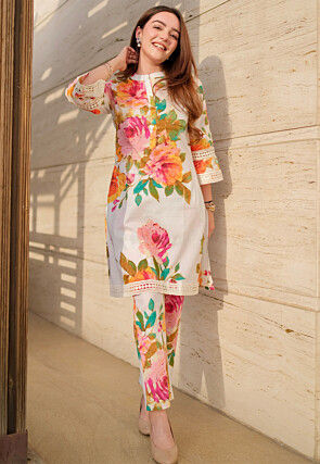 Digital Printed Cotton Straight Kurta Set in Off White