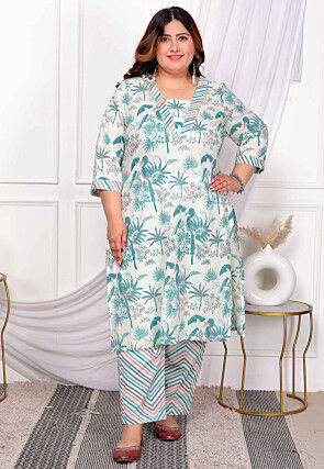 Digital Printed Cotton Straight Kurta Set in Off White