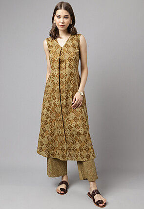 Digital Printed Cotton Straight Kurta Set in Olive Green