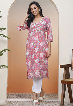 Digital Printed Cotton Straight Kurta Set in Pink