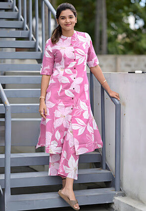 Digital Printed Cotton Straight Kurta Set in Pink
