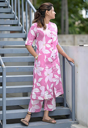 Digital Printed Cotton Straight Kurta Set in Pink