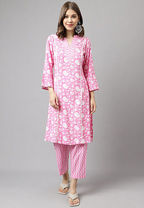 Digital Printed Cotton Straight Kurta Set in Pink