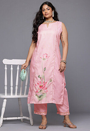 Digital Printed Cotton Straight Kurta Set in Pink