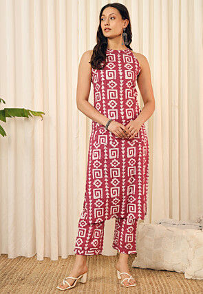 Digital Printed Cotton Straight Kurta Set in Pink