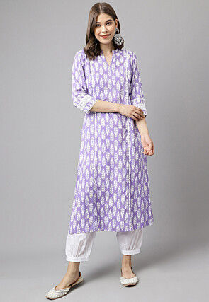 Digital Printed Cotton Straight Kurta Set in Purple