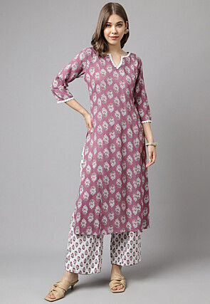Digital Printed Cotton Straight Kurta Set in Purple