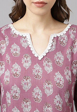 Digital Printed Cotton Straight Kurta Set in Purple