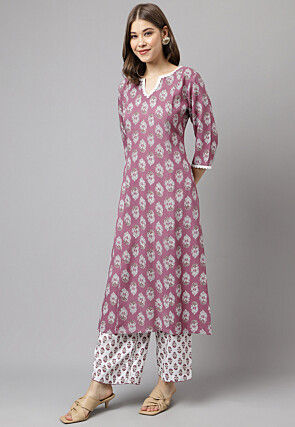 Digital Printed Cotton Straight Kurta Set in Purple