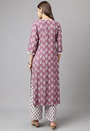 Digital Printed Cotton Straight Kurta Set in Purple