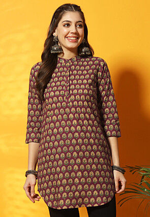 Digital Printed Cotton Straight Kurti in Maroon