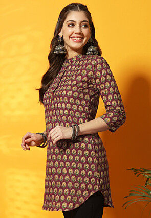 Digital Printed Cotton Straight Kurti in Maroon