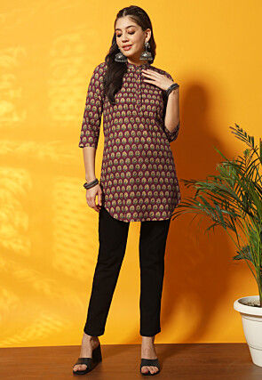 Digital Printed Cotton Straight Kurti in Maroon