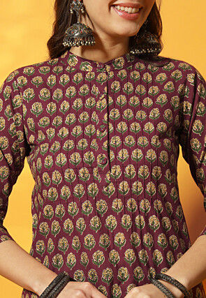 Digital Printed Cotton Straight Kurti in Maroon