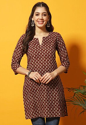 Digital Printed Cotton Straight Kurti in Maroon