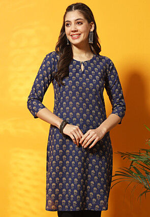 Digital Printed Cotton Straight Kurti in Navy Blue