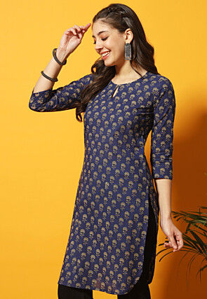 Digital Printed Cotton Straight Kurti in Navy Blue