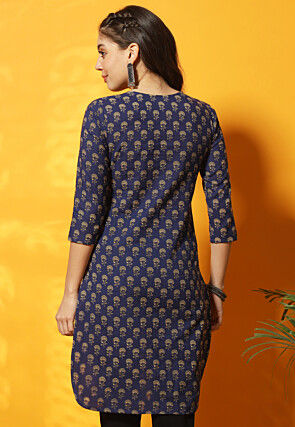 Digital Printed Cotton Straight Kurti in Navy Blue