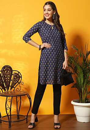 Digital Printed Cotton Straight Kurti in Navy Blue