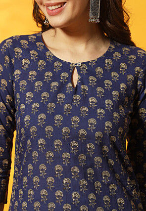 Digital Printed Cotton Straight Kurti in Navy Blue