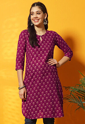Digital Printed Cotton Straight Kurti in Purple