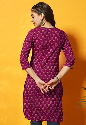 Digital Printed Cotton Straight Kurti in Purple