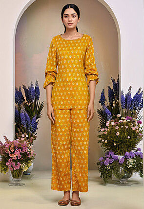 Printed Cotton Straight Kurti Set in Mustard