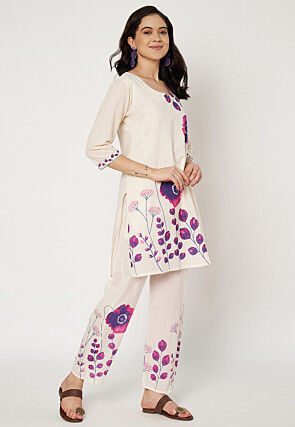 Digital Printed Cotton Straight Kurti Set in Off White