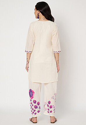 Digital Printed Cotton Straight Kurti Set in Off White