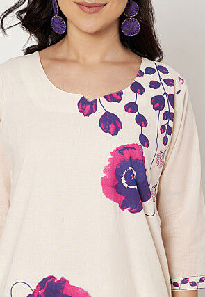 Digital Printed Cotton Straight Kurti Set in Off White