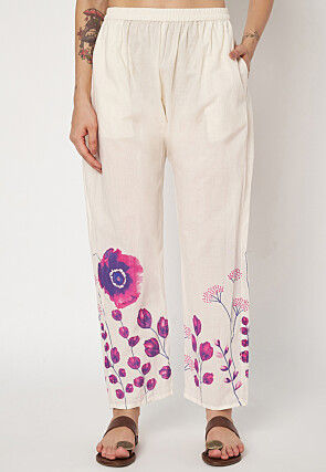 Digital Printed Cotton Straight Kurti Set in Off White