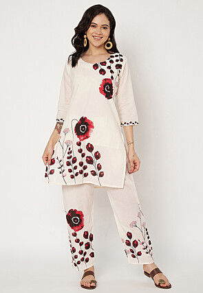 Digital Printed Cotton Straight Kurti Set in Off White